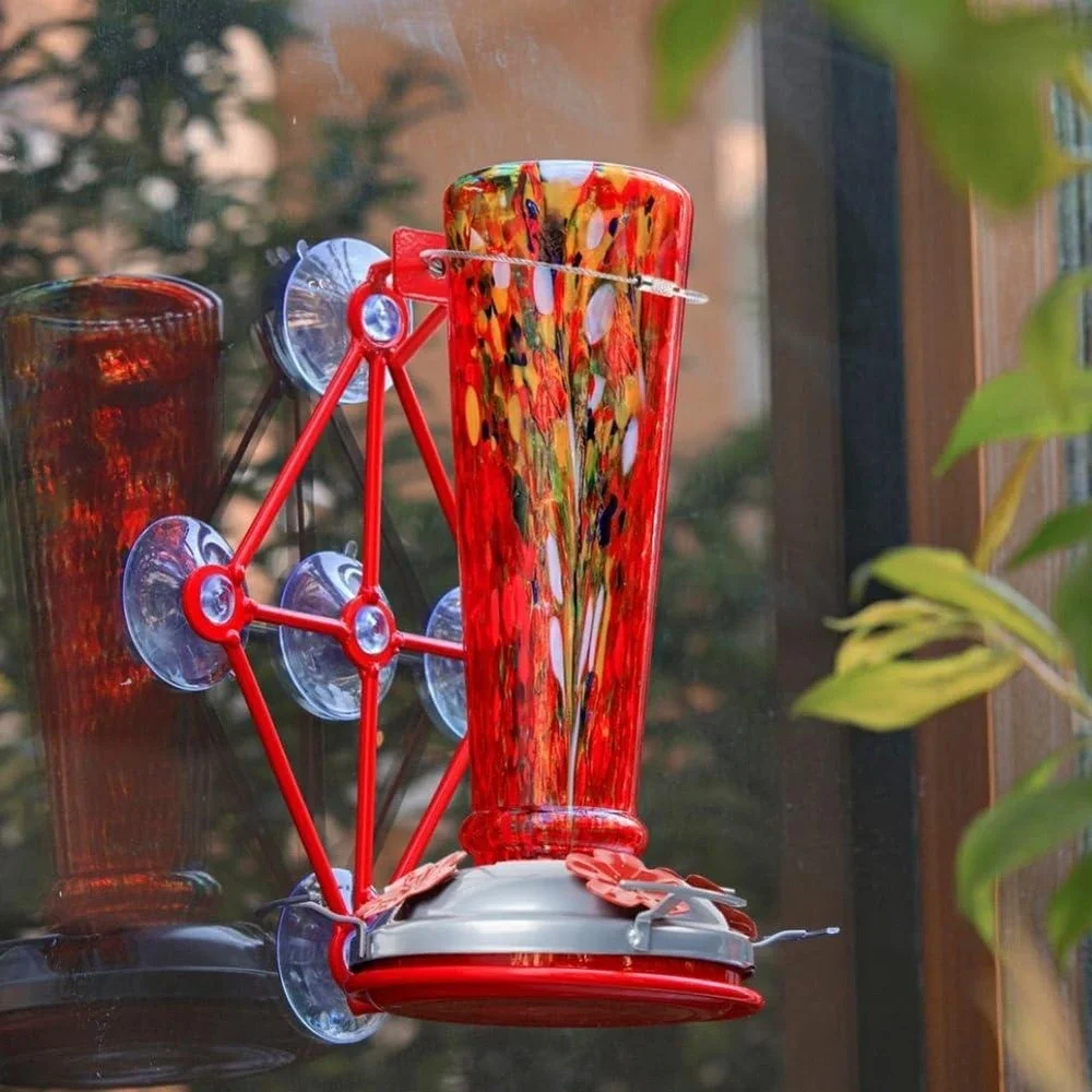 Jola's House Hand Blown Glass Art Hummingbird Feeder Red Window Mount 16 oz‎
